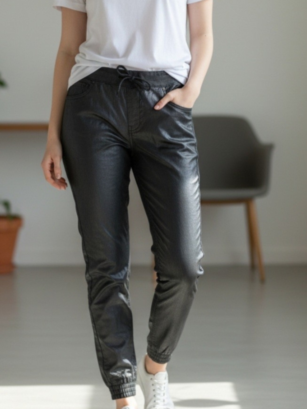 Kendall & Kylie Black Faux Leather Drawstring Joggers